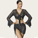 Summer Sleepwear Starry Sky Mesh Pajamas Set Women Flared Sleeve V-Neck Crop Top+Drawstring Bodycon Skirt 2 Pieces Shiny Pajamas