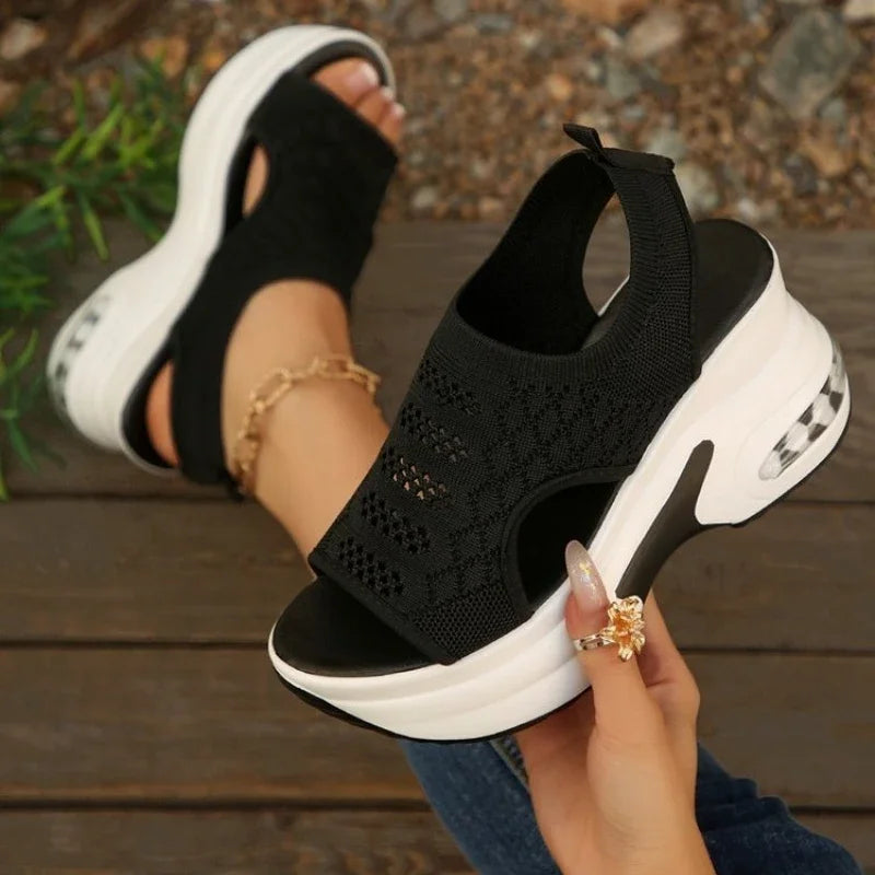 Air Mesh MicrofiberWedge Pumps Platform New Fashion Summer PeepWomen SandalWhite Black