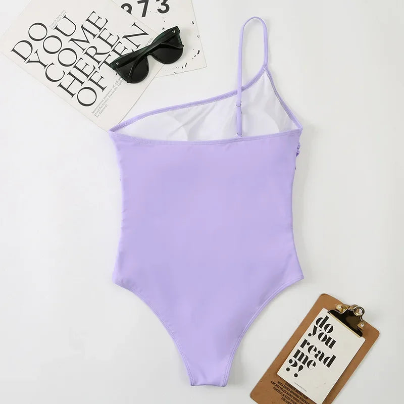 2026 Sexy One Shoulder One Piece Swimsuit 2022 Women Solid Black Neon Green Push Up Padded Bathing Suit Pleate Swimwear Monokini