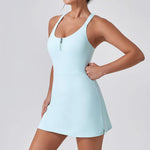 Front Zipper Tennis Dresses Women Summer Sleeveless Sports Athletic Dress Outdoor Cross Backless Pocket Short Workout Skirts
