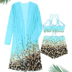 Women Bathing SuitPrint Leopard Bikinis 3 Pieces Swimsuit Kimono High Waist Bikini Shorts Long Sleeve Beach Cover Up Swimwear