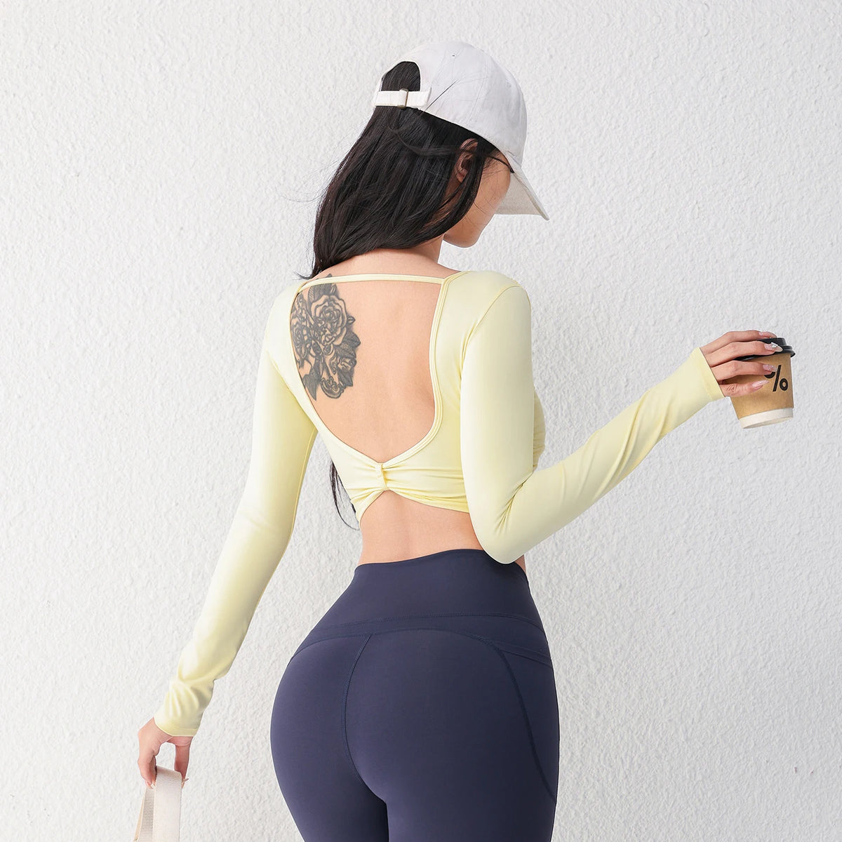 Women Twist Front Cutout Back Long Sleeve Yoga Tops Padded Sports Crop Top Slim Fitness Running Workout Athletic Shirts