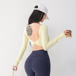 Women Twist Front Cutout Back Long Sleeve Yoga Tops Padded Sports Crop Top Slim Fitness Running Workout Athletic Shirts