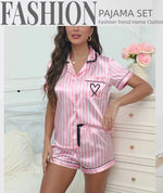 Ladies' Summer Striped Embroidered Love Victoria Style Pajama Set Short Sleeve Top Short Pants CasualTwo Piece Home Clothing