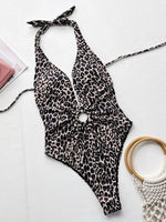 2026 Sexy One Piece Swimsuit Swimwear Women Deep V-neck Halter Leopard Metal Circle Bathing Suit Beachwear Maillot De Bain Femme