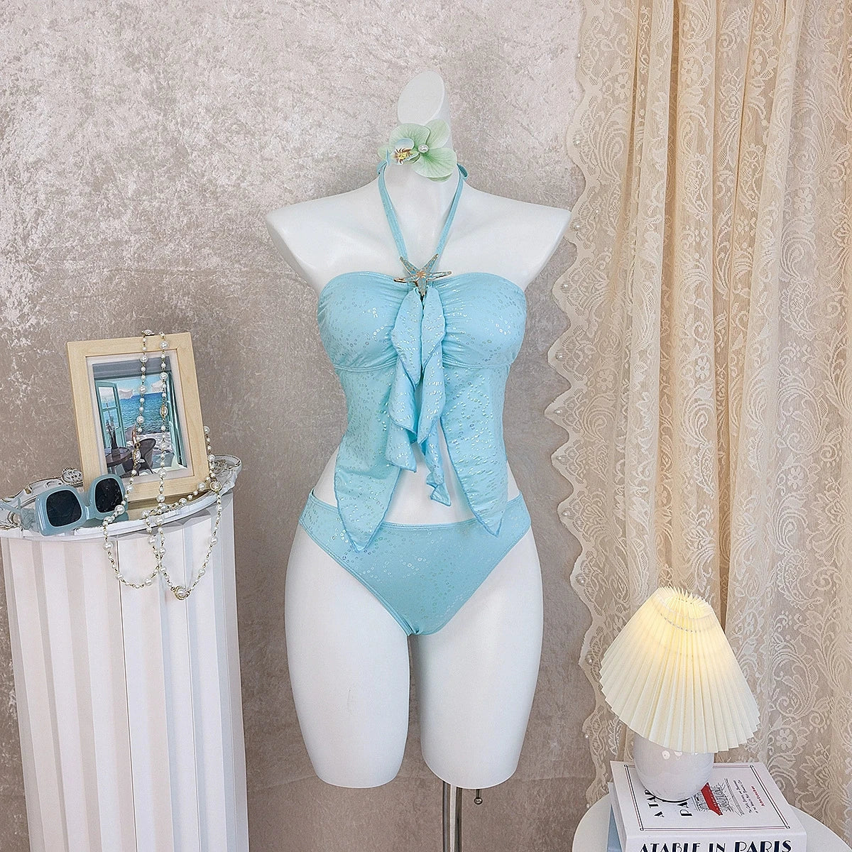 DEKA Women Blue Ruffled Tankini 2-Piece Swimsuit with Starfish Metal Halter Neck Top & High Waist Bottom Children Bathing Suits