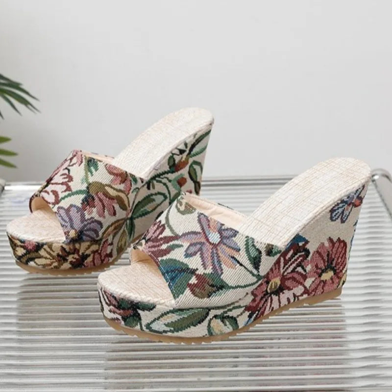 2026 Peep Toe Women's Slippers Fashion Print Wedges High Heels Shoes Casual Slippers Women Summer