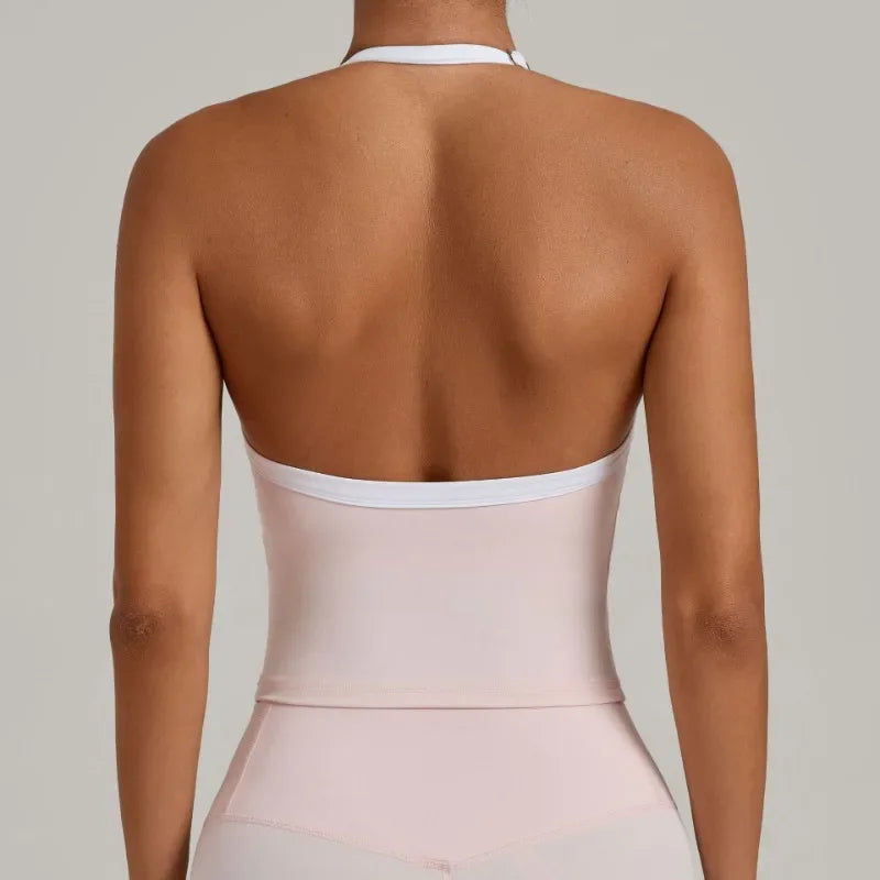 Women's Seamless Yoga Tank Top - Adjustable HALTER Neck & Quick-Dry Fitness Shirt Color Block Running Sports Gym Workout Top