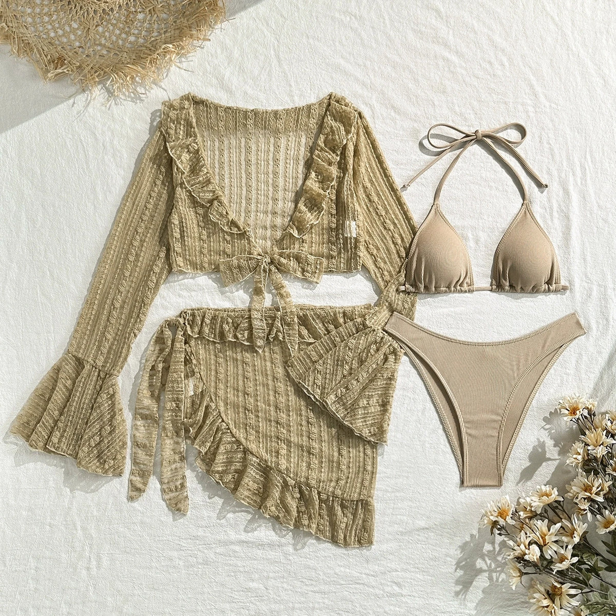 DEKA 4Pcs/Set Mesh Sheath Bikini Set Female Mini Camis Briefs Short Skirt Swimwear Fashion Drawstring Long Sleeve Boho Swimsuit