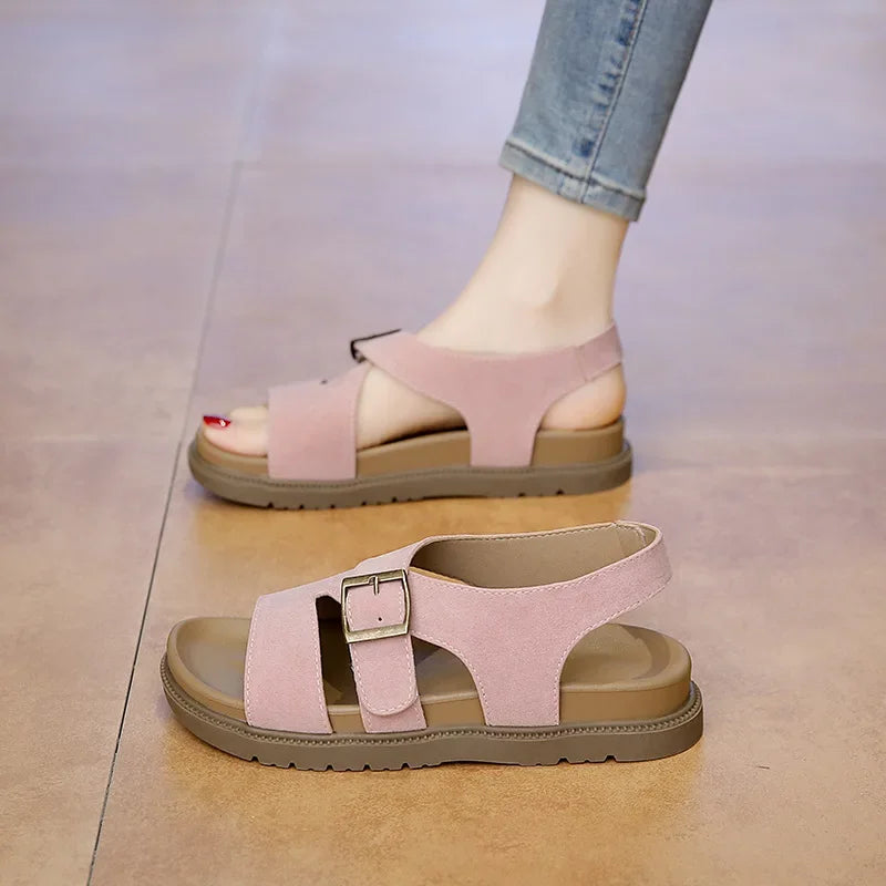 Women Sandals Summer New Solid Color Open Toe Flat Casual Slippers Buckle Fashion Outdoors Beach Sandals Sandalias De Mujer