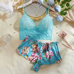 Women Floral Print 2 Piece Pajama Set Lace Spaghetti Strap Cami Top Bow Decor Satin Shorts Soft Silky Loungewear Ladies Sleepwea