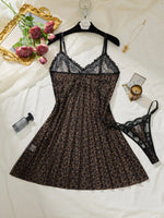French style leopard print mesh sheer nightgown, sexy lace-edge deep V strap nightgown with T-shirt two-piece set ZA825233