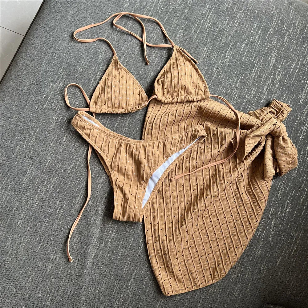 Three Piece Bikinis Sets 2026 String Halter Swimwear with Cover Up Sexy Swimsuit Women Beachwear Bathing Suit Black Mini Bikini