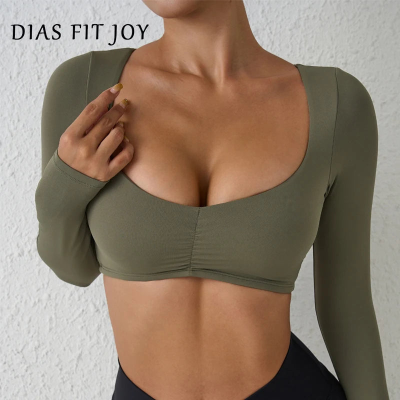 DIAS FIT JOY Nylon Gym Top Yoga Long Sleeved T-Shirt Tight Pleated Sports Top Women's Waist Tight Yoga Top