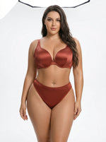 Plus Size Satin Lingerie Set Women Burnt Copper Unlined Underwire Bra and Panty Set Sexy Shiny Vacation Intimates set MR3610