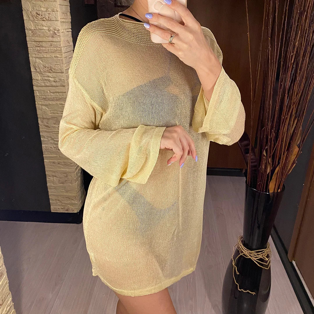 Sexy Long Sleeve See Through TopMesh Sheer Tunic Beach Cover Up Cover-ups Beach Dress Beach Wear Beachwear Female Women V3557