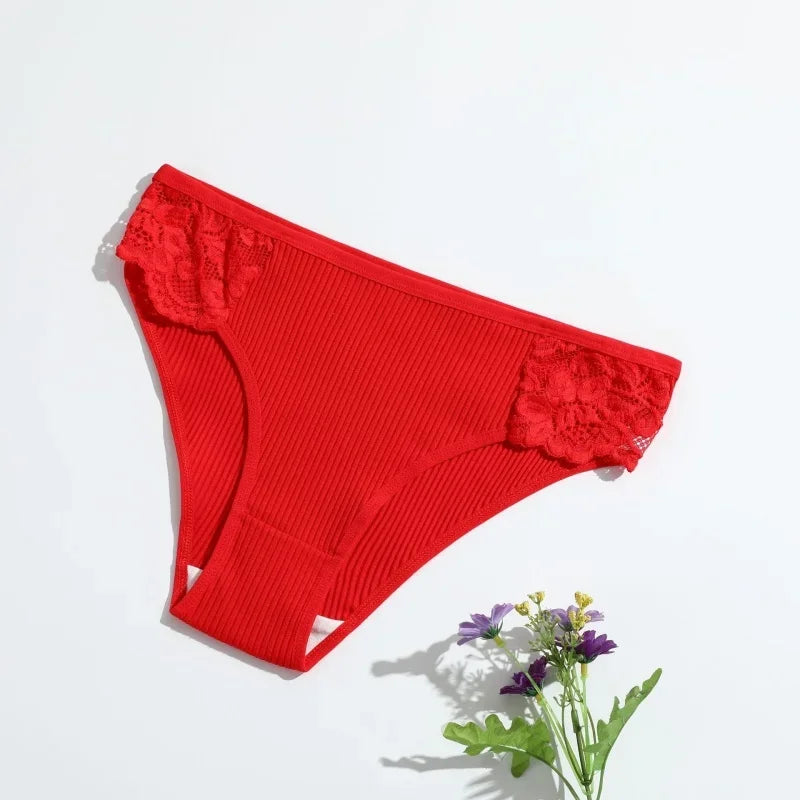 4Pcs/Set Cotton Panties Women Low Rise Briefs Breathable Underwear Solid Color Lace Trims Panty Female Underpants Sexy Lingerie