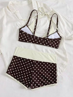 Coffee Polka Dot Print Patchwork Bikini Set 2026 Women Double Strap Push Up Bra High Waist Swimsuit Beach Bathing Suit Swimwear