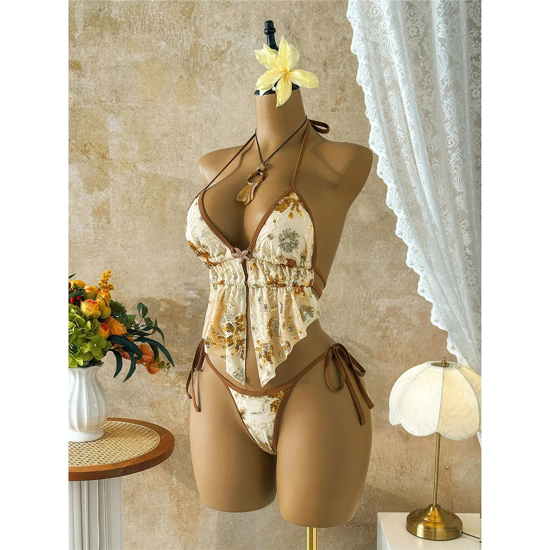 Glitter Sequin Printed Tankini Halter Bikini Women Swimwear Female Swimsuit Two-pieces Bikini set Bather Bathing Suit Swim V8067