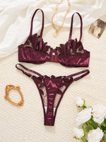 Burgundy Floral Embroidery Satin Lingerie Set Sheer Mesh Underwire Bra & Thong Women Sexy Underwear ZA824031