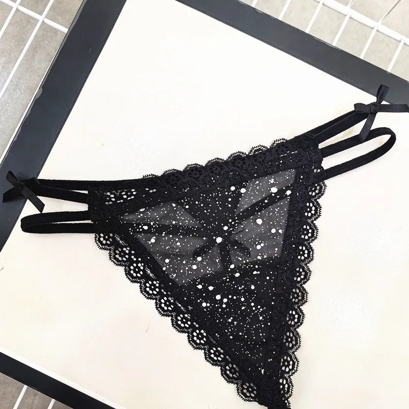 Sexy Women's Thong Erotic Cross Hollow T Pants Starry Sky Shiny Sequins Black Mesh Transparent Bow Perspective Briefs Lingerie