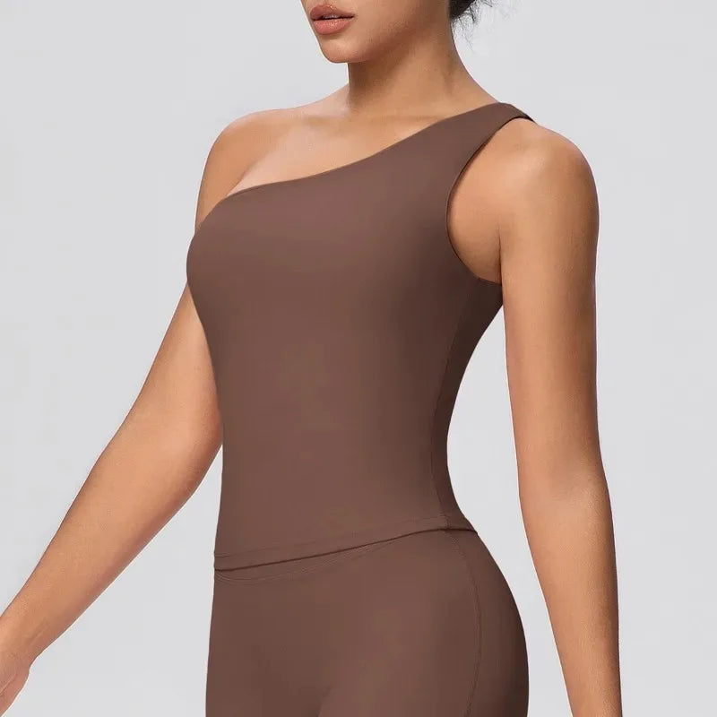 Women Seamless Cloud Feel One-Shoulder Waist-Cinching Yoga Vest Quick-Dry Slimming Sports Shaping Underwear Running Fitness Top