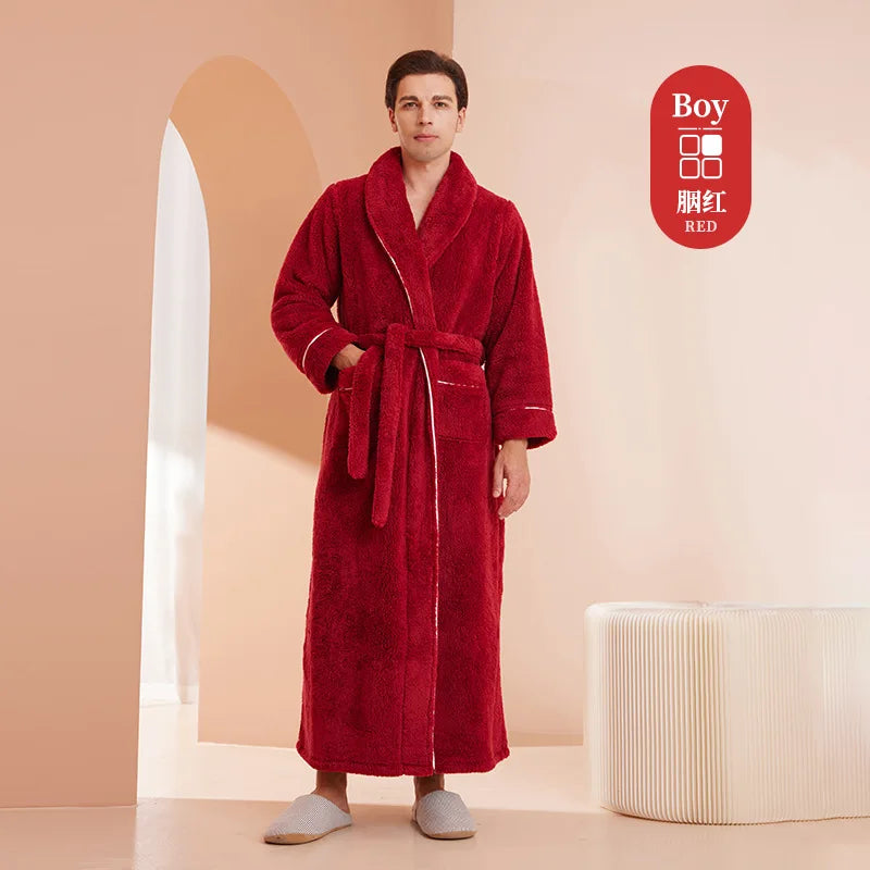 Men's and Women's Styles Winter Bathrobe Long Sleeve Warm Turn Down Collar Fluffy Bath Robe with Sashes Solid Fleece Gown 2025