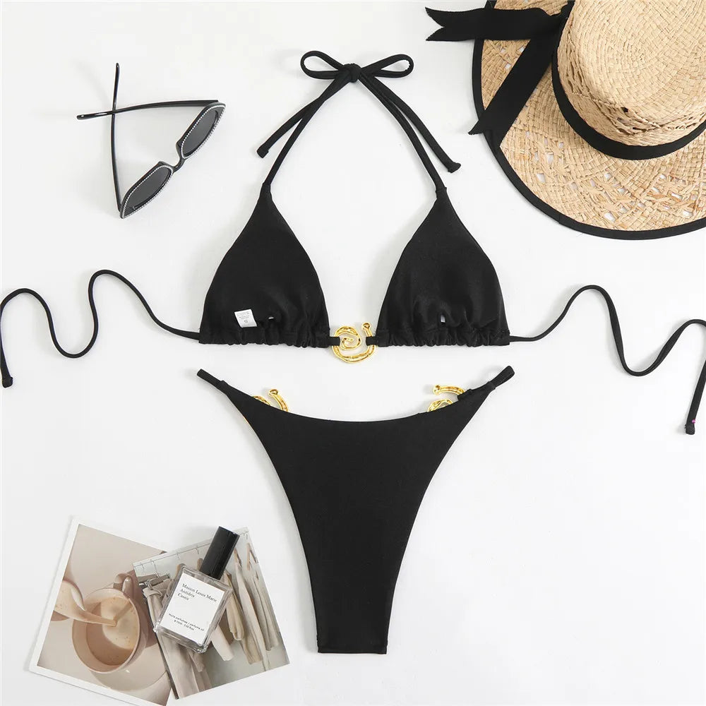 Dark Brown String Halter Micro Thong Bikinis Sets Sexy Swimsuit Women 2026 Metal Ring Holiday Swimwear Beach Wear Bikini Mujer