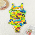 Vintage Yellow Abstract Print One Piece Swimsuit 2024 Women Hollow Out Holiday Bathing Suit Tummy Control Swimwear Beachwear