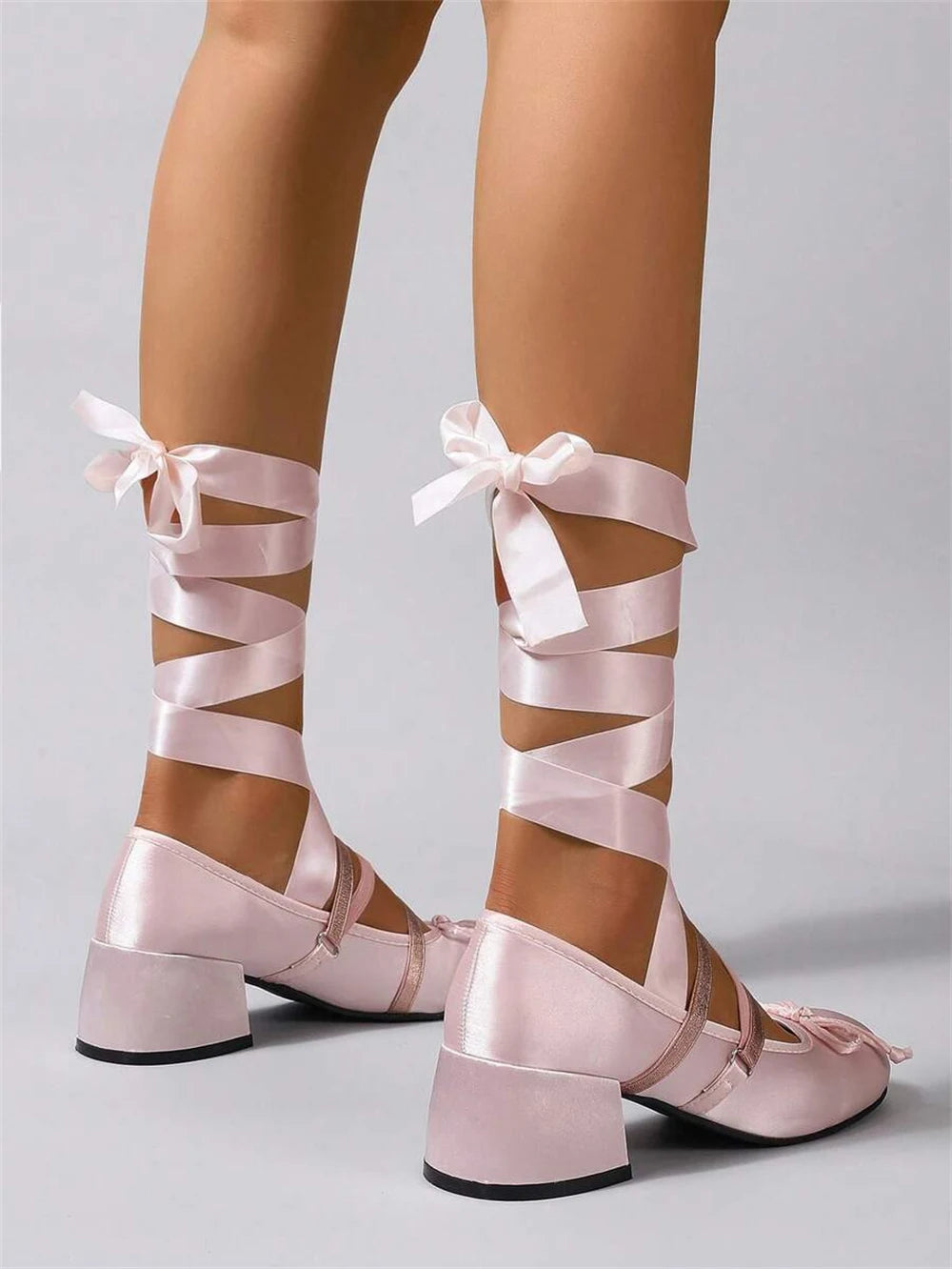 Pink Satin Ballet Style Heels Women Pumps Round Toe Ballerina Ribbon Wrap Leg Tie Up Chunky Block Mid Heel Cosplay Dress Shoes