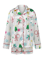 Women's Christmas Satin Pajama Set Long Sleeve Lapel Santa Claus/Christmas Tree Print Shirt Shorts Two Pieces Sleepwear