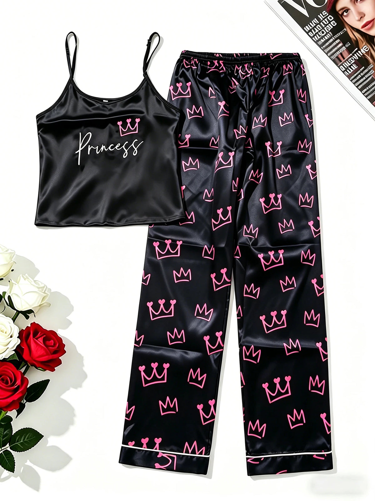 Womens Sexy Crown Print Pajamas Two-piece Set Summer Camisole Top Pants Pajama Set Casual Comfortable Homewear Casual Outfit Set