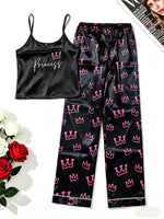 Womens Sexy Crown Print Pajamas Two-piece Set Summer Camisole Top Pants Pajama Set Casual Comfortable Homewear Casual Outfit Set
