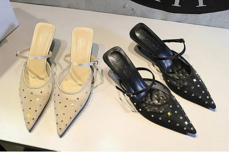 BIGTREE Crystal Mesh Fabric Pointed Toe Slippers Women Sexy Elegant Buckle Strap Party Prom Thin Low Heels Mule Shoes