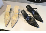 BIGTREE Crystal Mesh Fabric Pointed Toe Slippers Women Sexy Elegant Buckle Strap Party Prom Thin Low Heels Mule Shoes