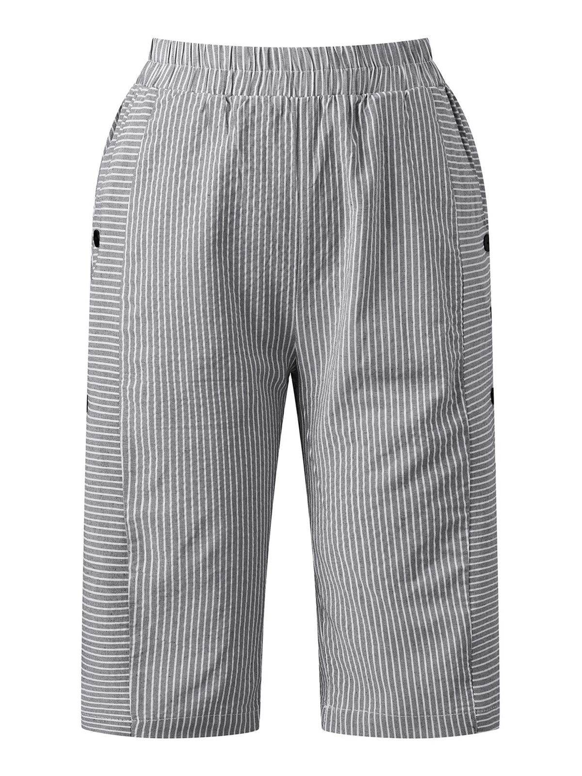 2026 Summer Women Striped Capris Casual Stylish Elastic Waist Side Button Straight-leg Pants Daily Cropped Trousers