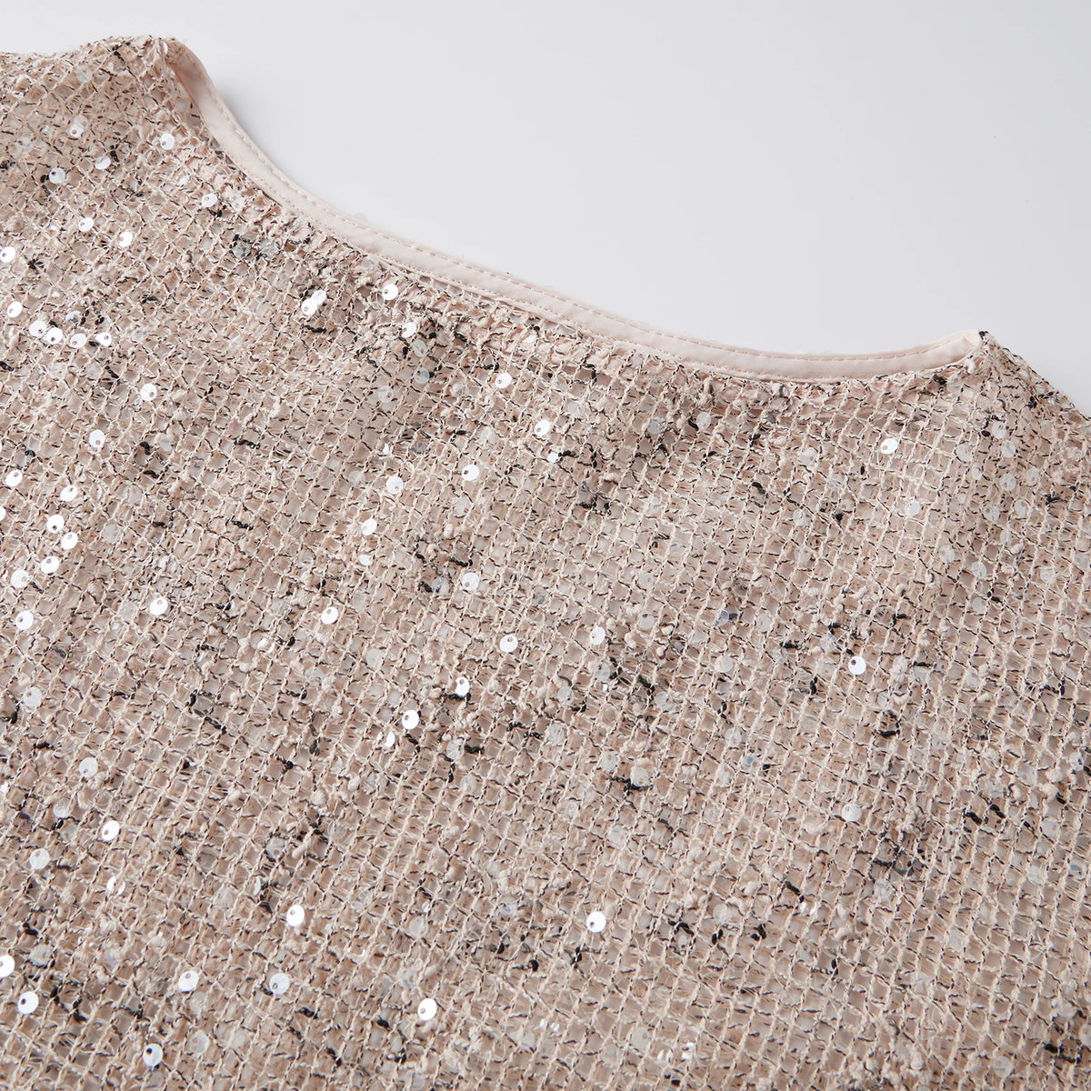 Summer Women's Fishnet T-shirt Casual Loose Fit Stylish Solid Color See Through Sequined Crew Neck Elbow Sleeve Tops