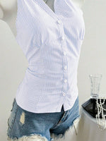 Summer Casual Shirt Women's Blue Striped Halter Top V Neck Button Down Sleeveless Slim Fit Blouse 2026 Y2K Style Streetwear