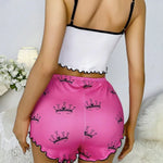 Summer Women's Milk Silk Printed Crown & Flamingo ShortsTank Top Two-Piece Set Casual Loungewear Homewear Sleepwear