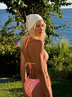 Womens Green Yellow Brazil Print Halter Tie Side Bikini Set For Beach Pool Vacation