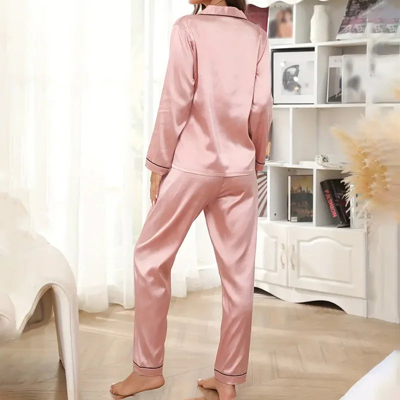 Women's Luxurious Satin Pajamas Pj Set Turn-down Collar Button Tops & Pants Sleepwear & Loungewear for Summer Home Clothes Suit