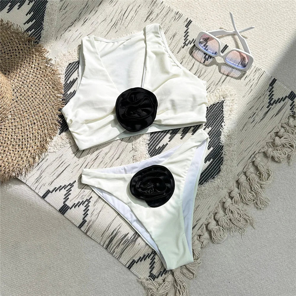 Sexy Black 3D Flower Bikinis Sets Holiday Solid Swimwear Women Swimsuits Bathing Suit Brazilian Bikini De Mujer 2026 Summer