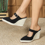 2025 Women's Sandals Spring Pointed Toe Wedge Heel Shoes Thick Soled High Heel Hollow Women's Shoes Straw Hemp