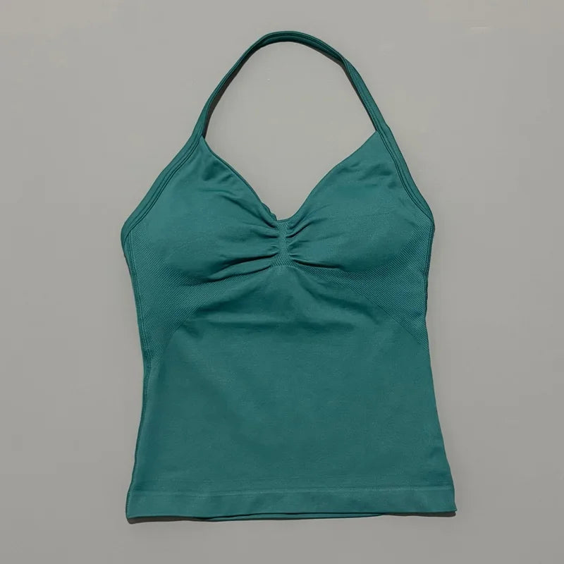 HISTELLO GYM Longline Strappy Top Women Seamless Yoga Clothing With Removable Pads V Neck Open Back Bra Workout Sports Halter