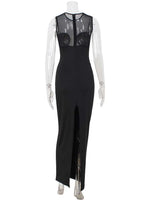 Ahagaga Summer Sexy Club Women Maxi Dresses Mesh Patchwork Sheer O-Neck Elegant Sheath Split Bodycon Party Elegant Vestidos