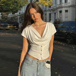 FDYOUI Fashion Casual Swinging Collar T-shirts Y2K Woman Clothes Short Sleeve Buttons Corset T Shirt Ladies Solid Crop Tops Tees