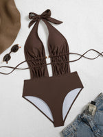 Sexy Brown Hollow Out Backless Swimwear Women 2026 Pearls Pleate Bandage One Piece Swimsuit Beach Bathing Suit Holiday Bikini