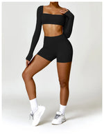 Hearuisavy Summer 2PCS Long Sleeve Gym Set Women Yoga Clothes Quick-Drying Sportswear Running Leggings Workout Sports Crop Top