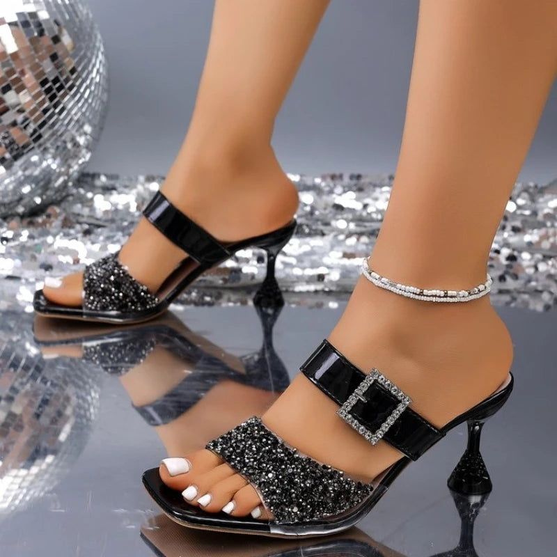 Double Band Glitter High Heels Sandals Women Gold Silver Party Dress Shoes Woman Summer Open Toe Crystal Heel Sandalias