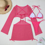 DEKA Women Solid Bikini Set Halter Bra Lace-up Swimsuit Set With Mesh Yarn Cover Up Dress KnittedLong Sleeve Boho Swimwear